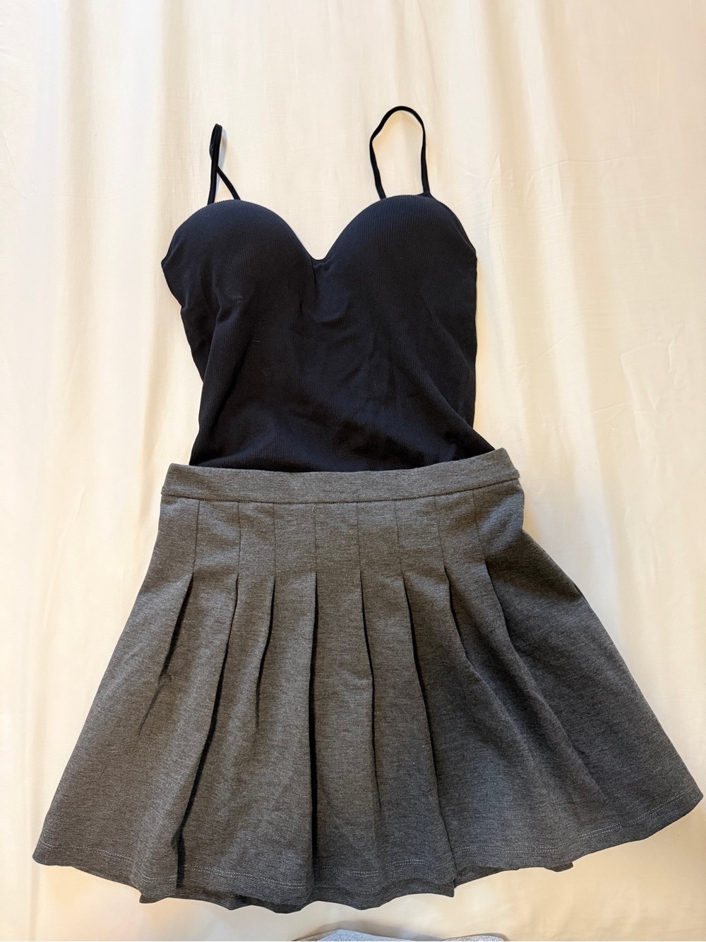 Ardene Gray Pleated Skater Skirt and black body suit